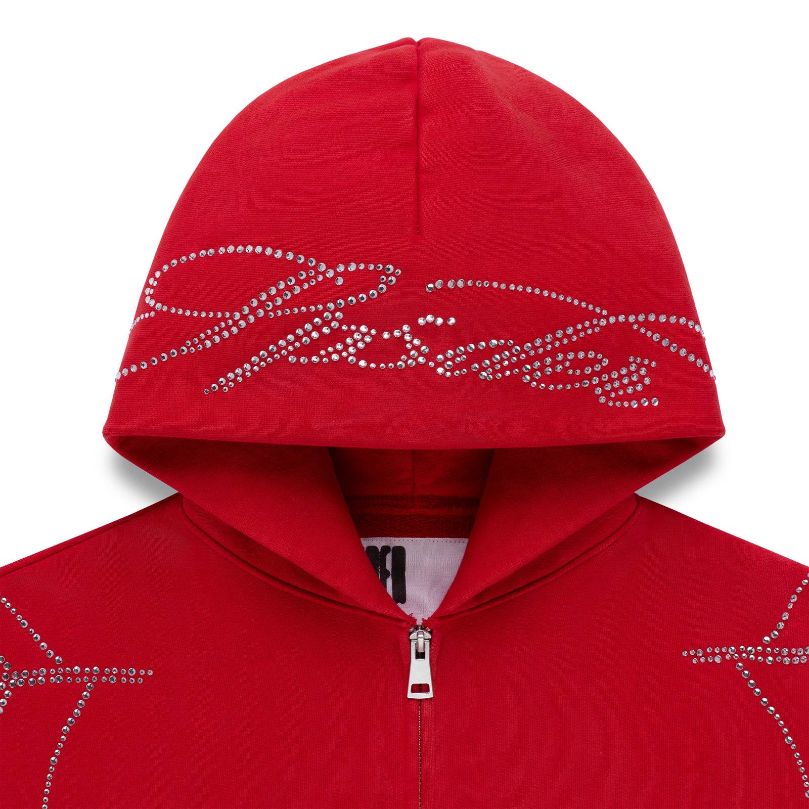 Red cotton fleece zip hoodie with rhinestone web and text detail on hood and chest.