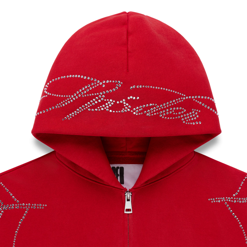 Red cotton fleece zip hoodie with rhinestone web and text detail on hood and chest.