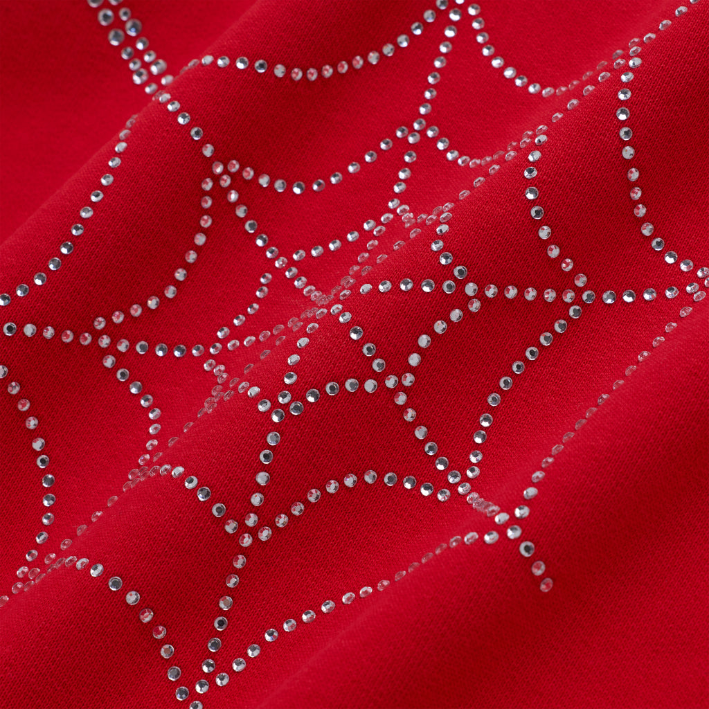 Red cotton fleece hoodie with sparkling rhinestone spider web design.