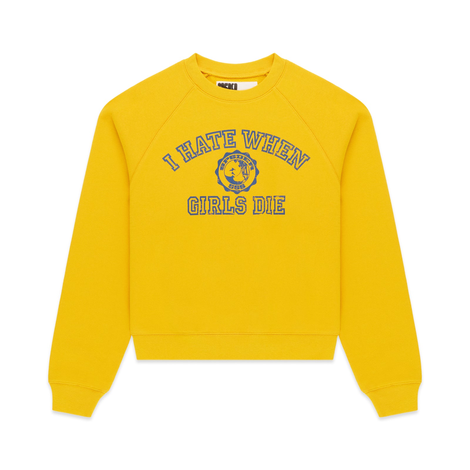 Mustard yellow 100% cotton raglan crewneck with blue graphic print on front, ribbed collar, hem, and cuffs.