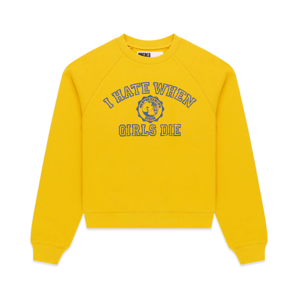 Mustard yellow 100% cotton raglan crewneck with blue graphic print on front, ribbed collar, hem, and cuffs.