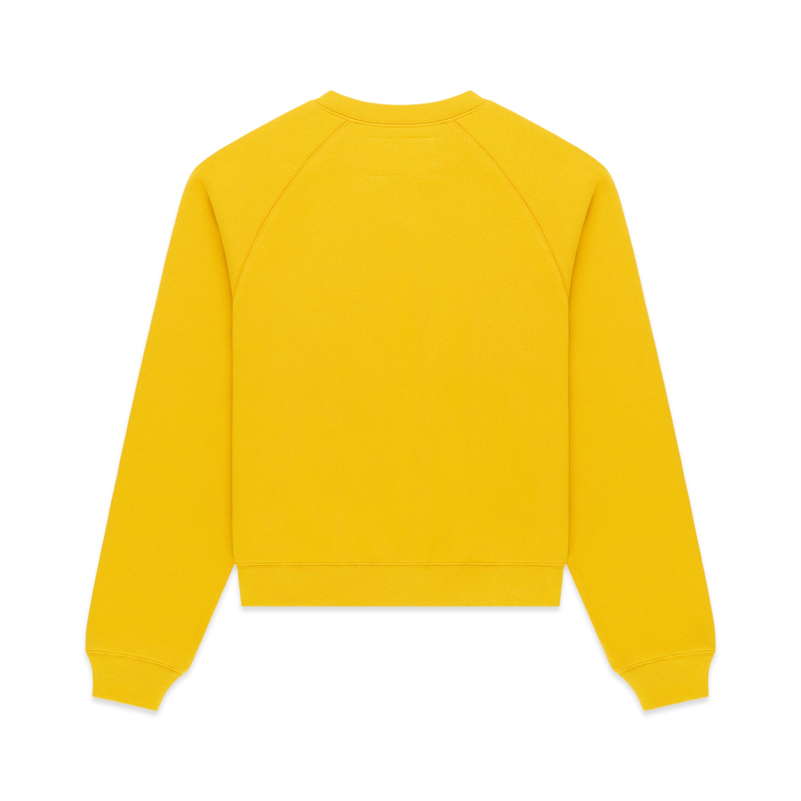Yellow 100% cotton brushed fleece raglan crewneck with ribbed collar, hem, and cuffs.