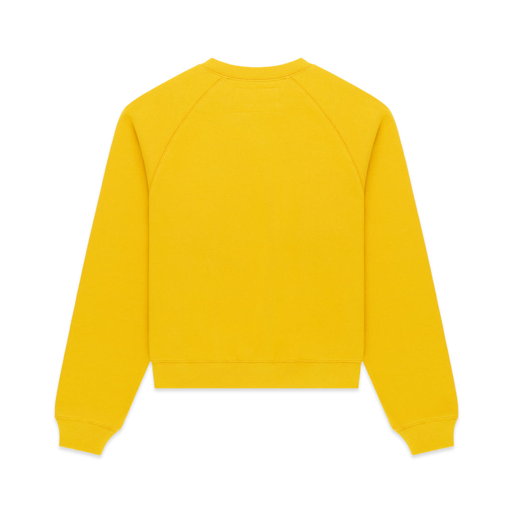 Yellow 100% cotton brushed fleece raglan crewneck with ribbed collar, hem, and cuffs.