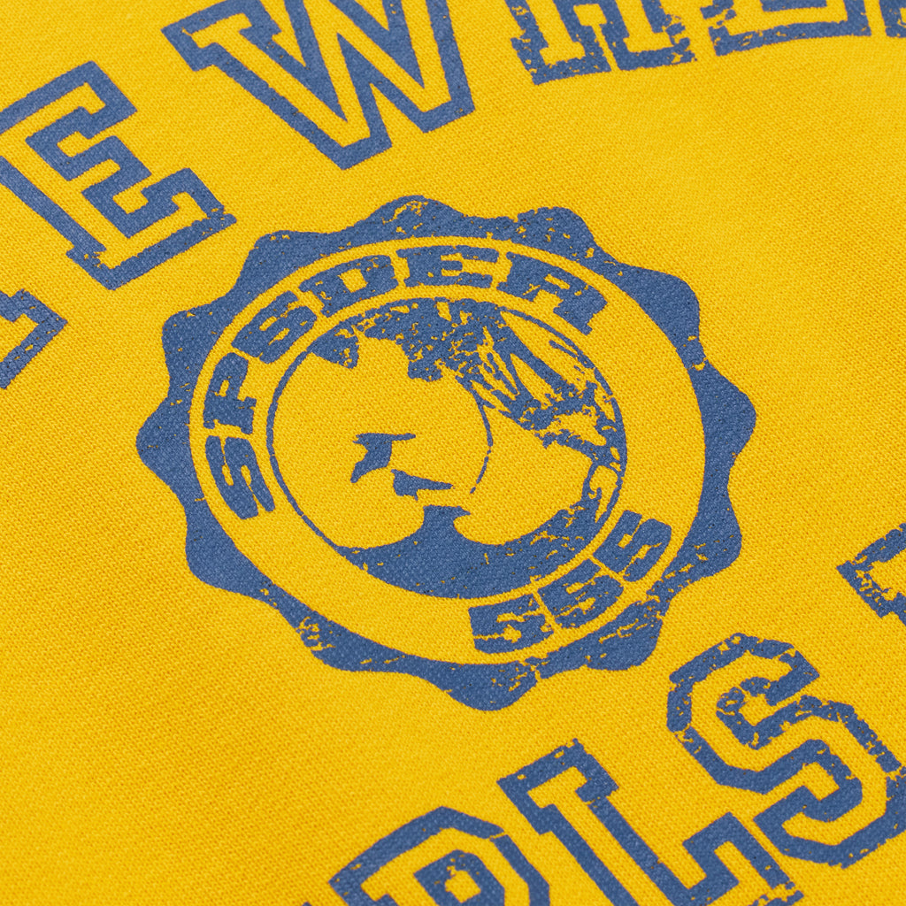 Yellow 100% cotton brushed fleece crewneck featuring a distressed blue graphic print design.