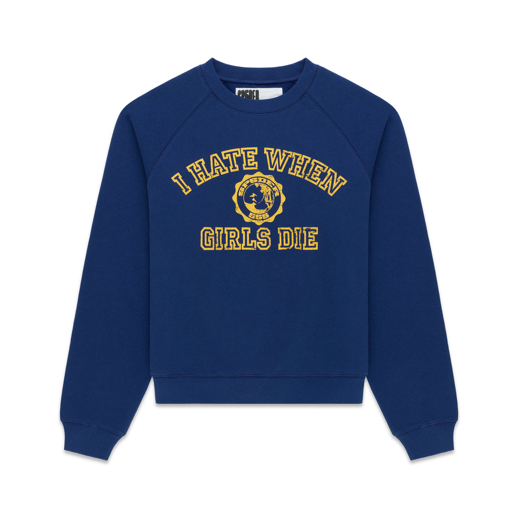 Navy blue 100% cotton raglan crewneck featuring a yellow distressed graphic print on the front with ribbed trim.