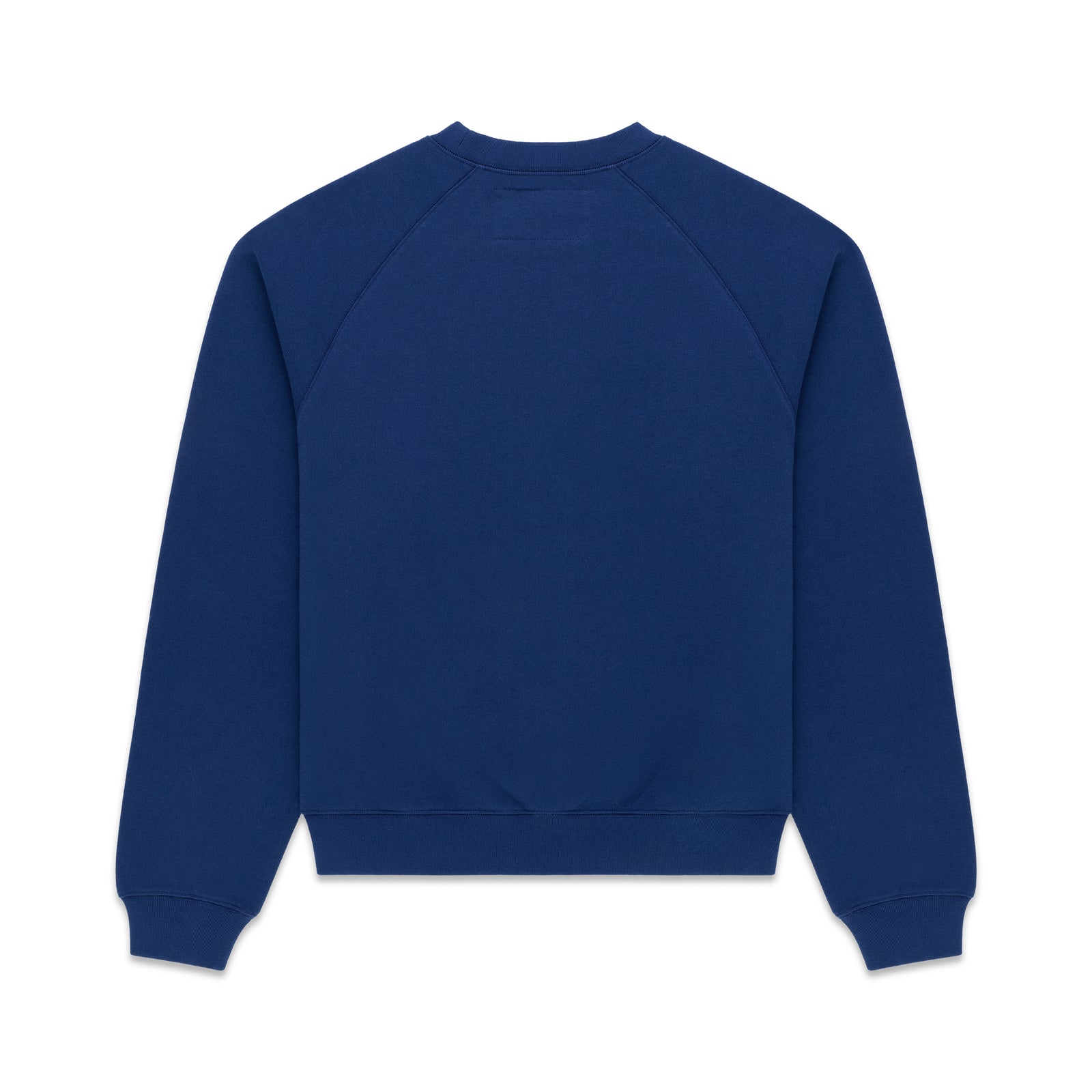 Back view of a navy blue 100% cotton raglan crewneck sweatshirt with ribbed collar, hem, and cuffs.