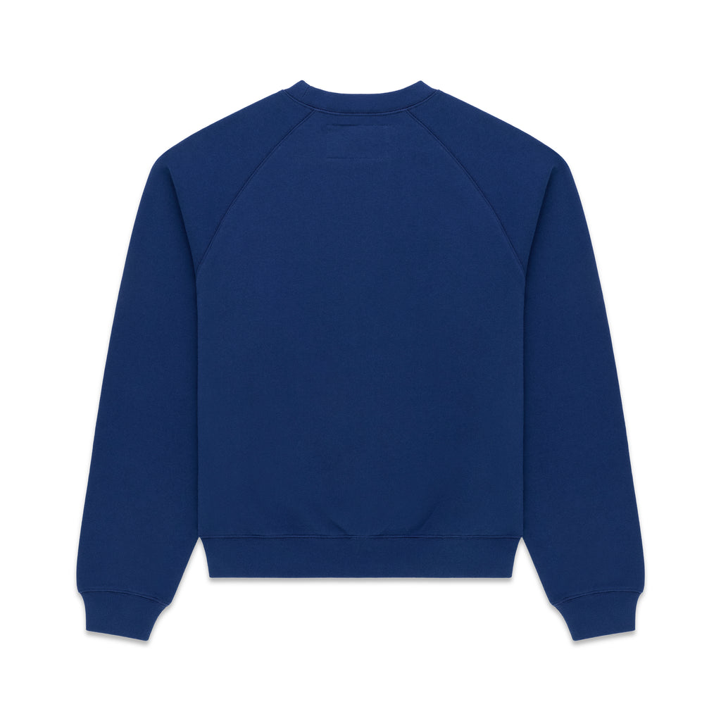 Back view of a navy blue 100% cotton raglan crewneck sweatshirt with ribbed collar, hem, and cuffs.