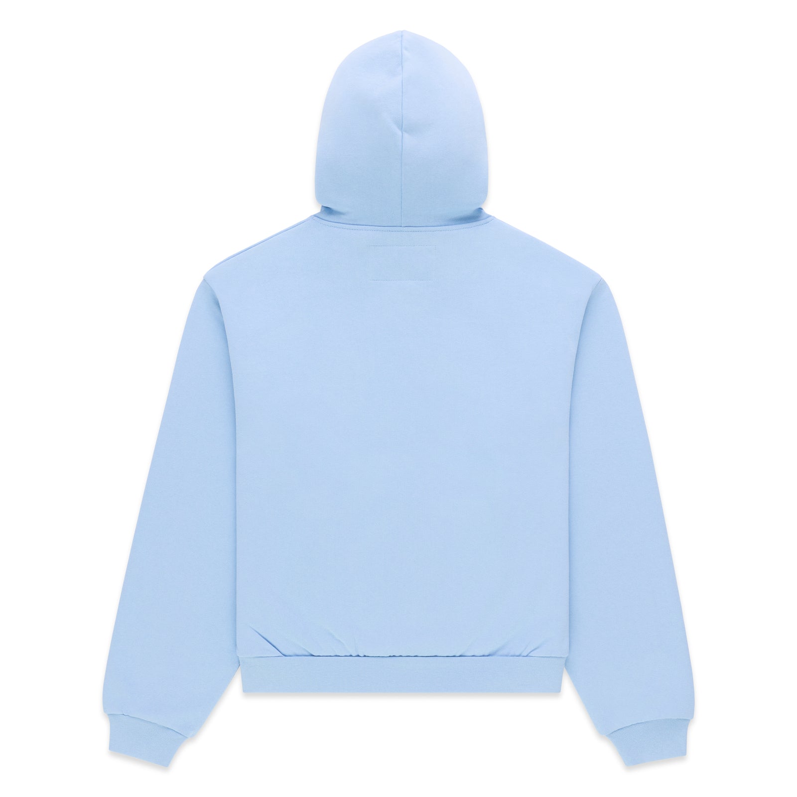 Back of a light blue 13oz cotton fleece zip hoodie with ribbed hem and cuffs.