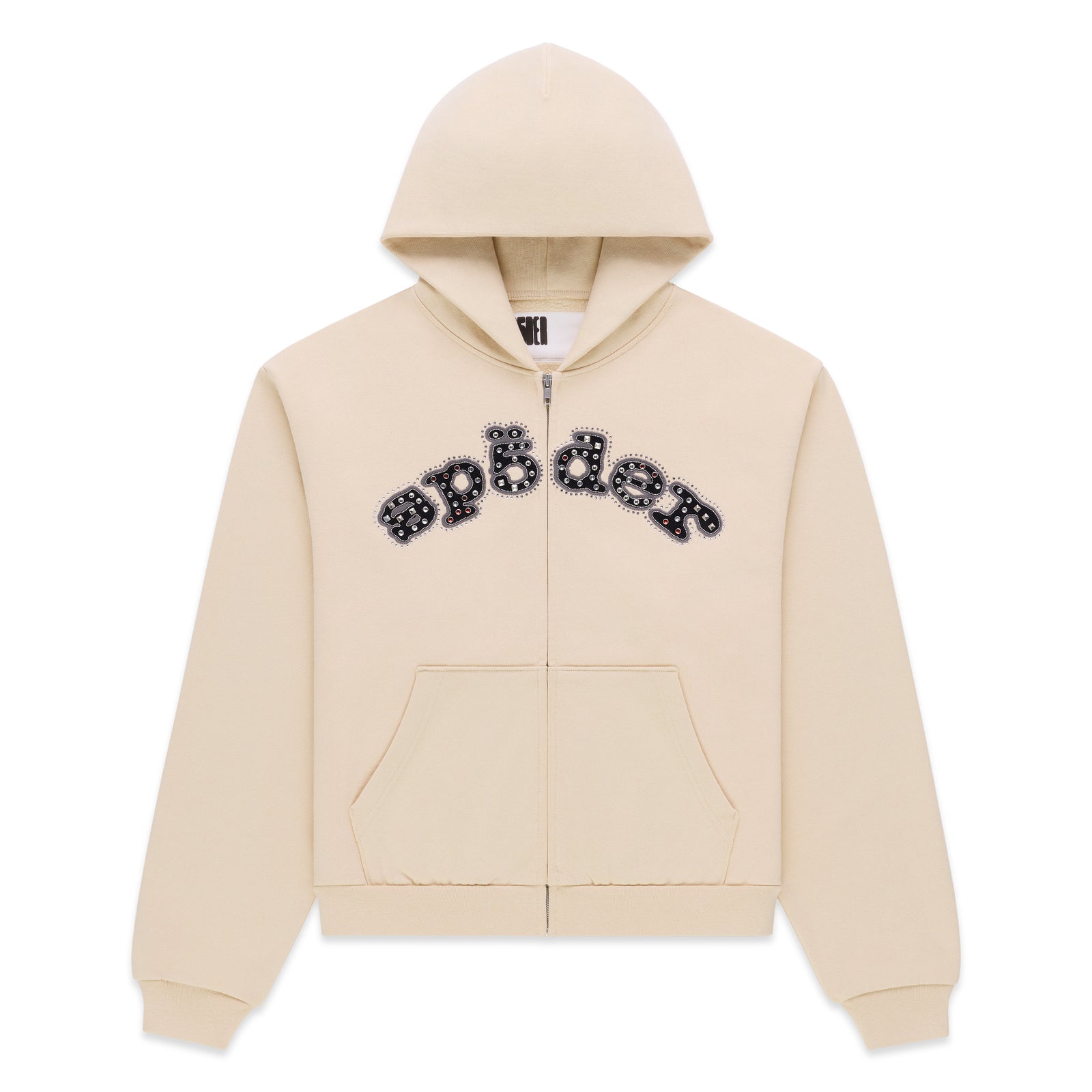 Cream 13oz cotton fleece zip hoodie with "sp5der" logo appliqué embellished with mixed metal studs.