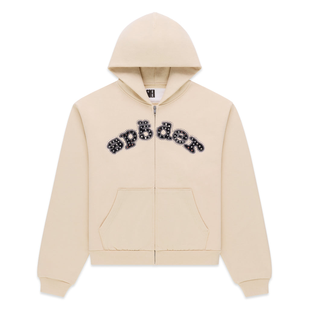 Cream 13oz cotton fleece zip hoodie with "sp5der" logo appliqué embellished with mixed metal studs.