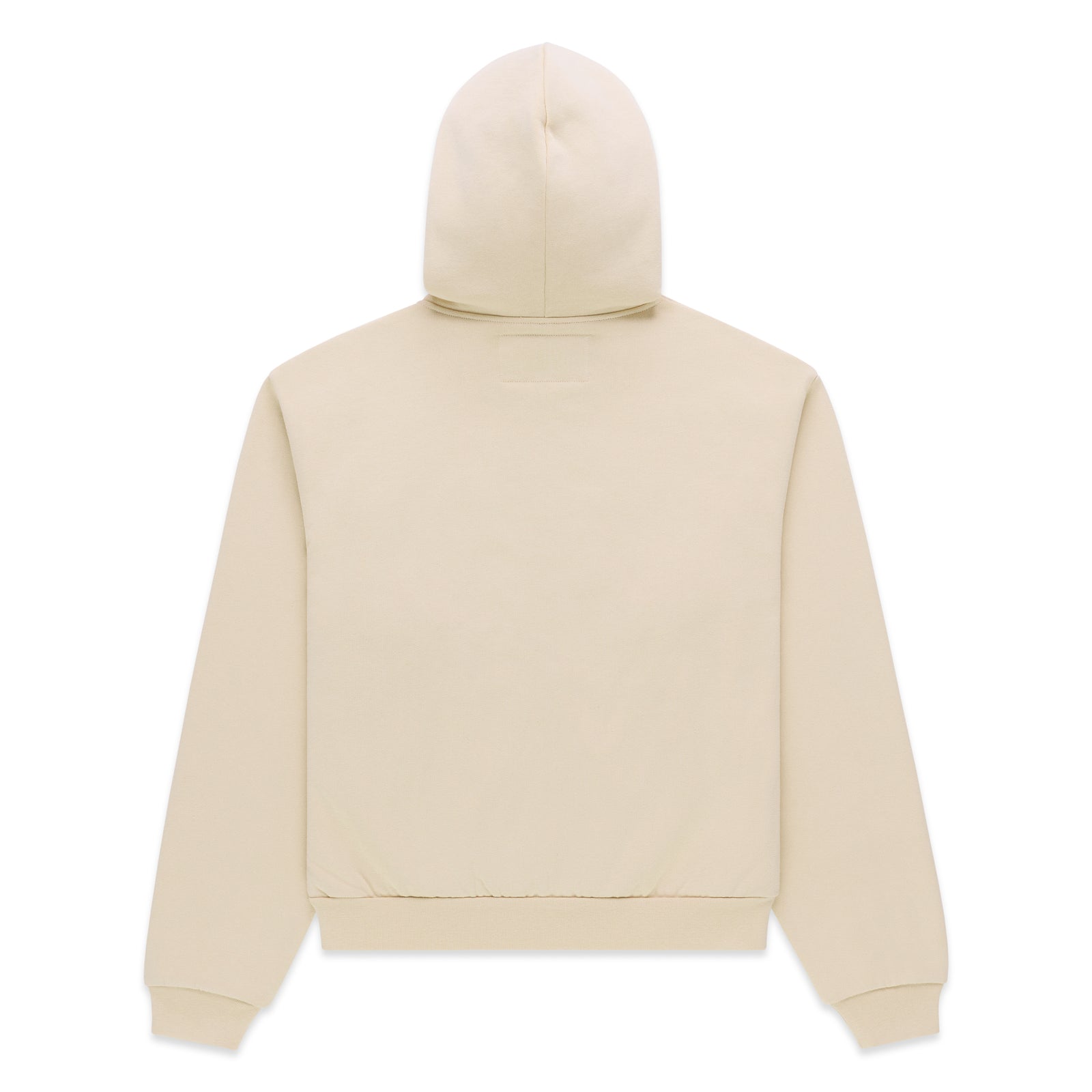 Back of a cream 100% cotton fleece zip hoodie with rib knit hem and cuffs.