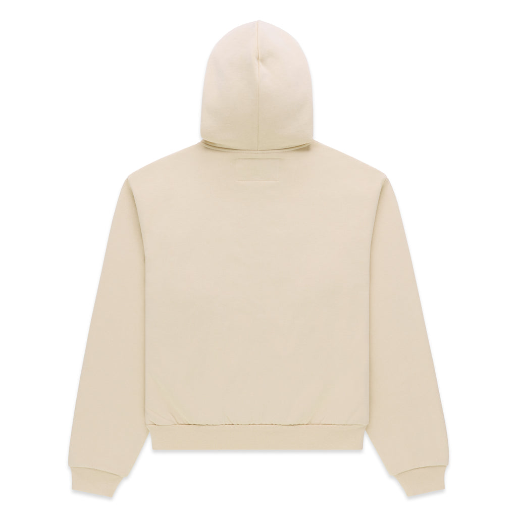Back of a cream 100% cotton fleece zip hoodie with rib knit hem and cuffs.