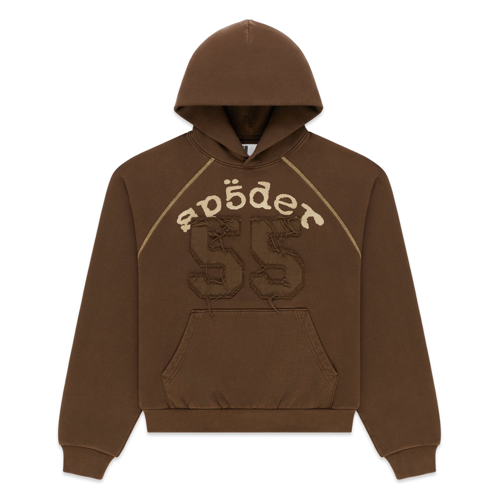 Brown 100% cotton fleece hoodie with distressed 55 applique, arched graphic print, contrast stitching, and kangaroo pocket.