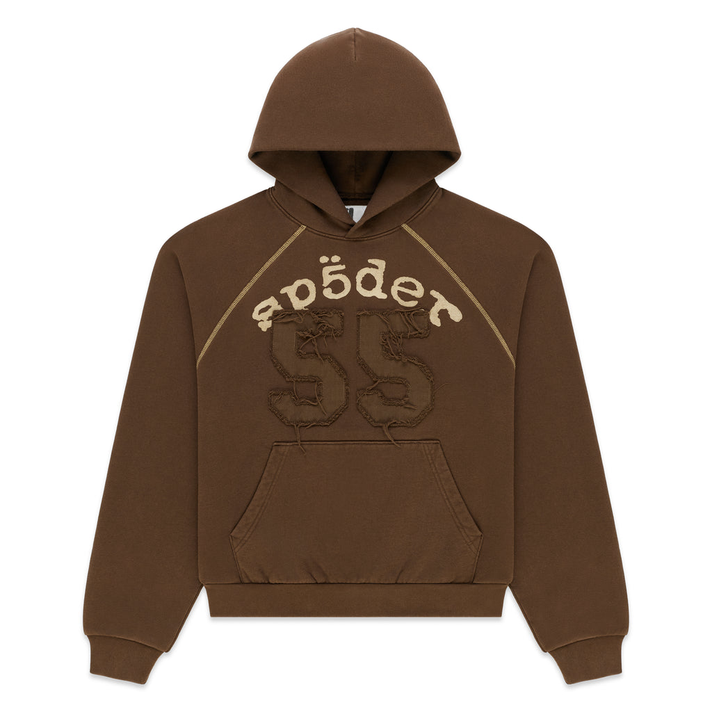 Brown 100% cotton fleece hoodie with distressed 55 applique, arched graphic print, contrast stitching, and kangaroo pocket.
