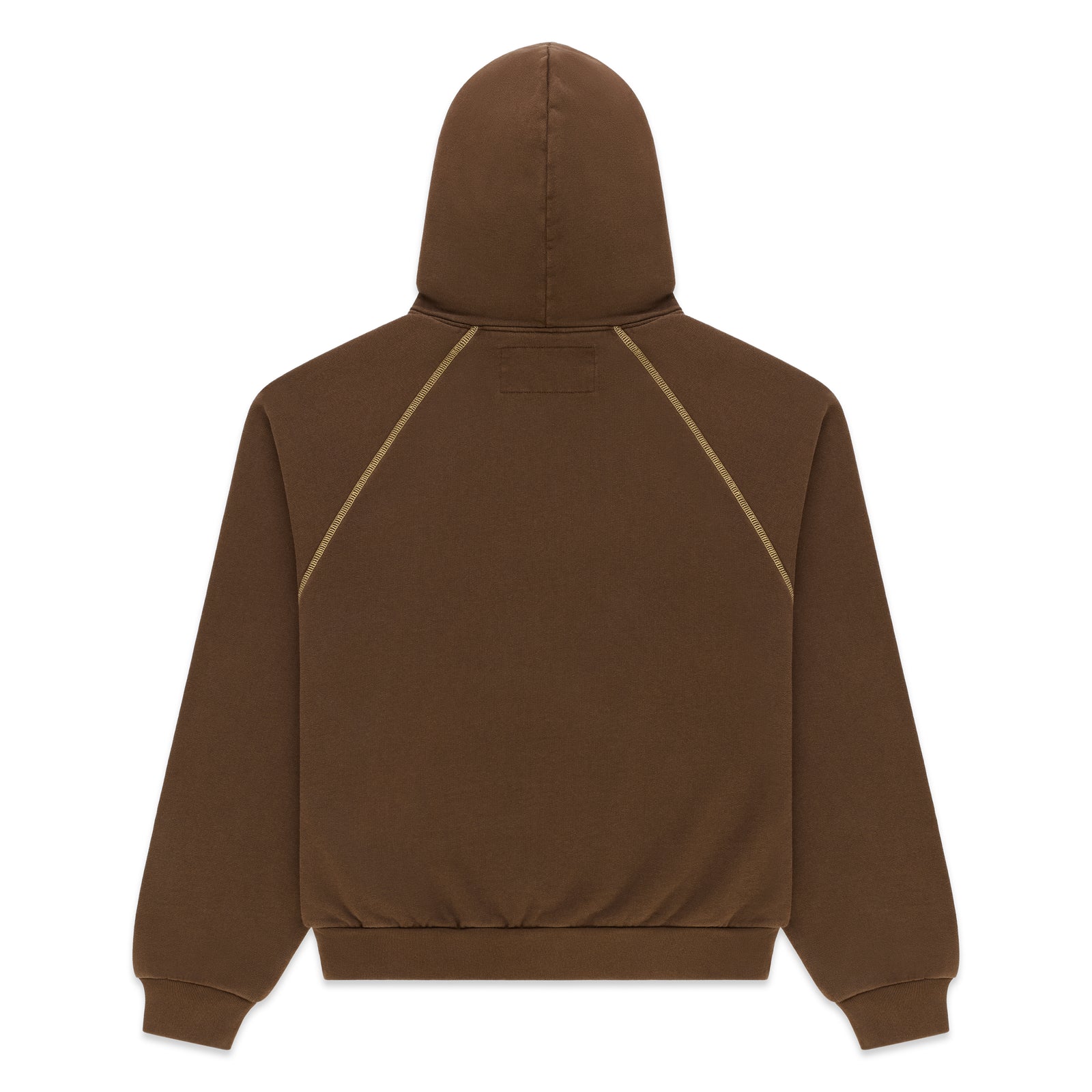 Back view of a brown 100% cotton fleece hoodie featuring contrast stitching and rib knit hem and cuffs.