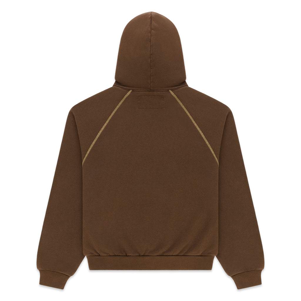 Back view of a brown 100% cotton fleece hoodie featuring contrast stitching and rib knit hem and cuffs.