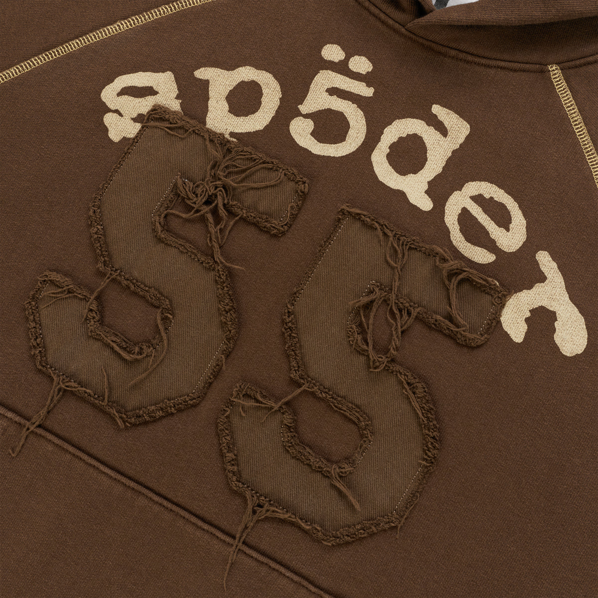 Brown cotton fleece hoodie with distressed 55 applique patch, arched graphic print, and contrast stitching.