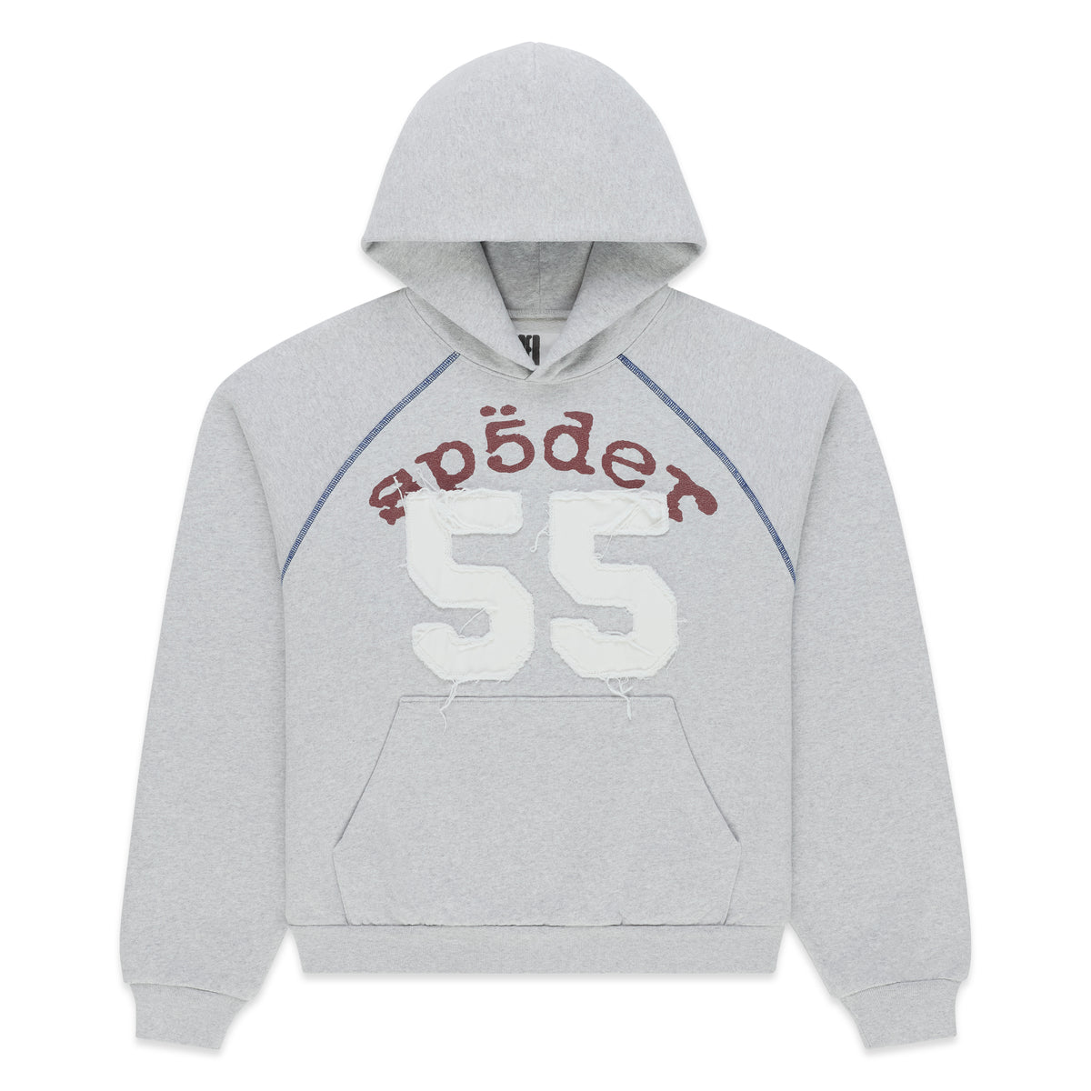 Grey 100% cotton fleece hoodie with contrast stitching, distressed 55 applique, and arched graphic print.
