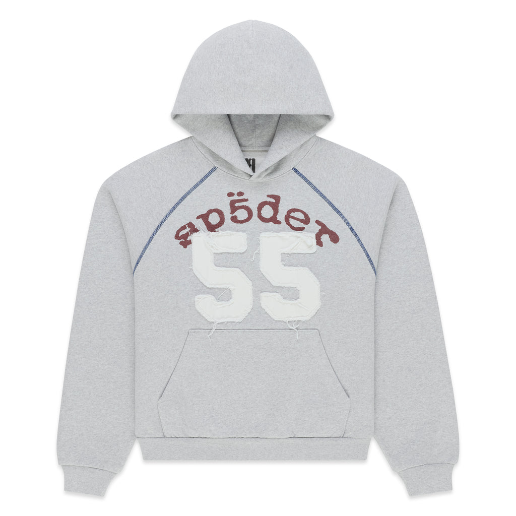 Grey 100% cotton fleece hoodie with contrast stitching, distressed 55 applique, and arched graphic print.