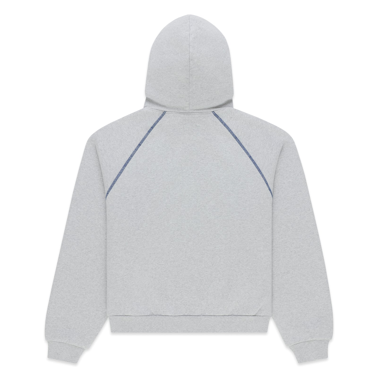 Grey 100% cotton fleece hoodie with contrast stitching and ribbed hem and cuffs, back view.
