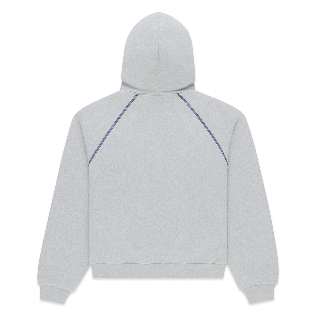 Grey 100% cotton fleece hoodie with contrast stitching and ribbed hem and cuffs, back view.
