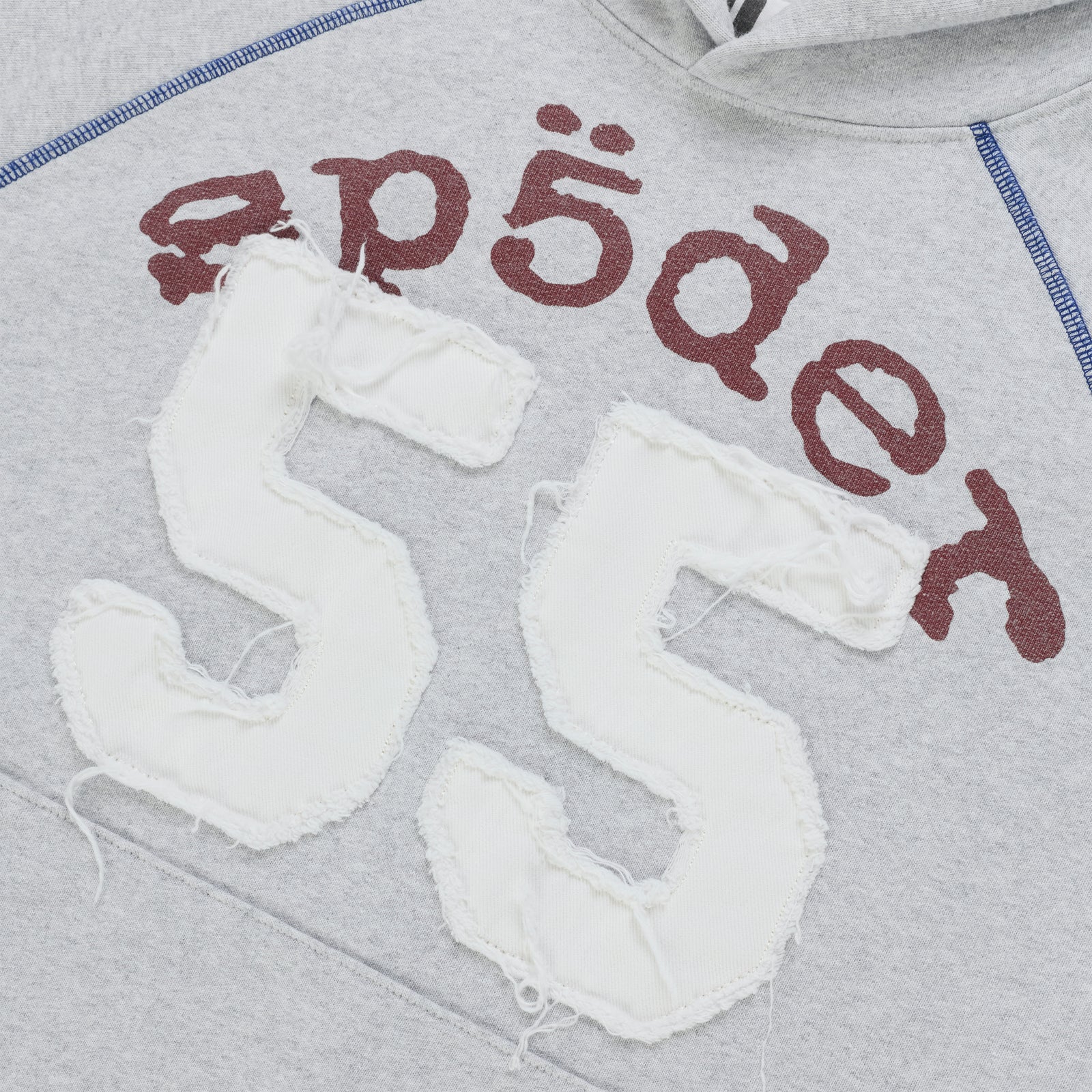 Grey cotton fleece hoodie featuring a distressed white 55 applique, arched graphic print, and contrast blue stitching.