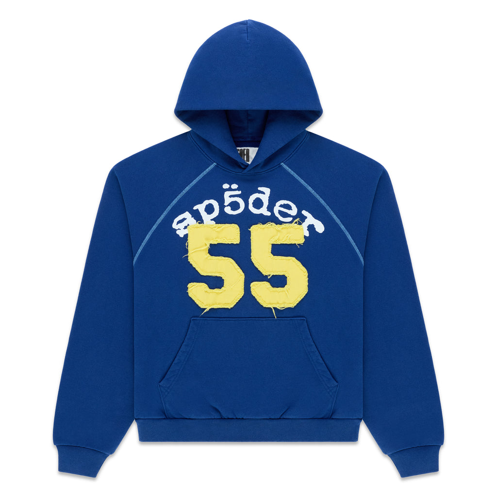 Blue cotton fleece hoodie with a yellow distressed 55 applique, arched graphic print, and contrast stitching.