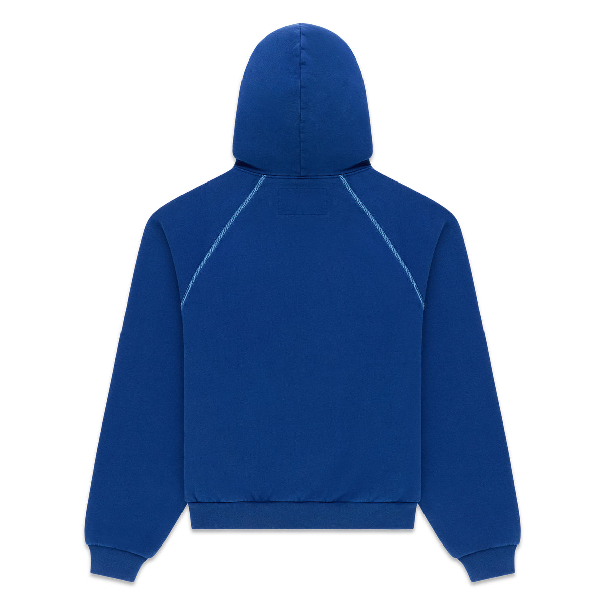 Back view of a blue 100% cotton fleece hoodie featuring contrast stitching and rib knit hem and cuffs.