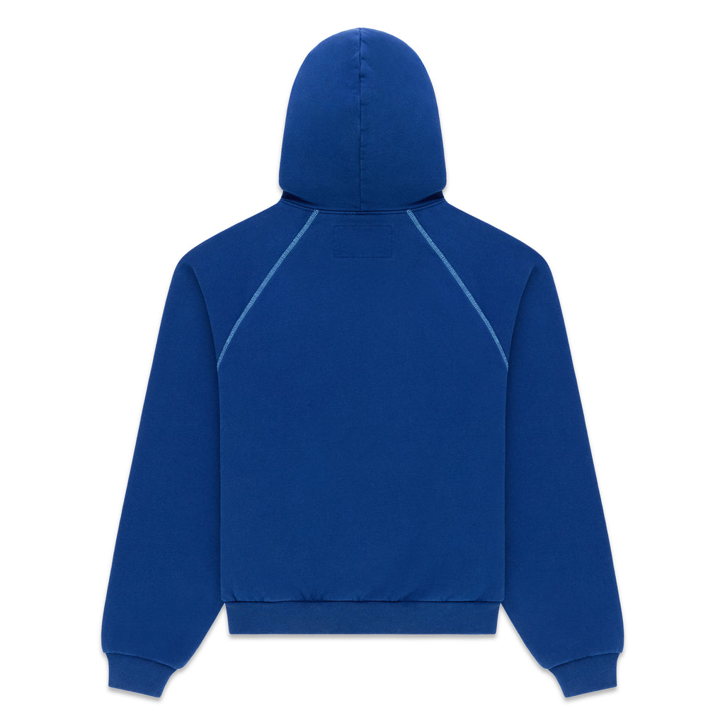 Back view of a blue 100% cotton fleece hoodie featuring contrast stitching and rib knit hem and cuffs.