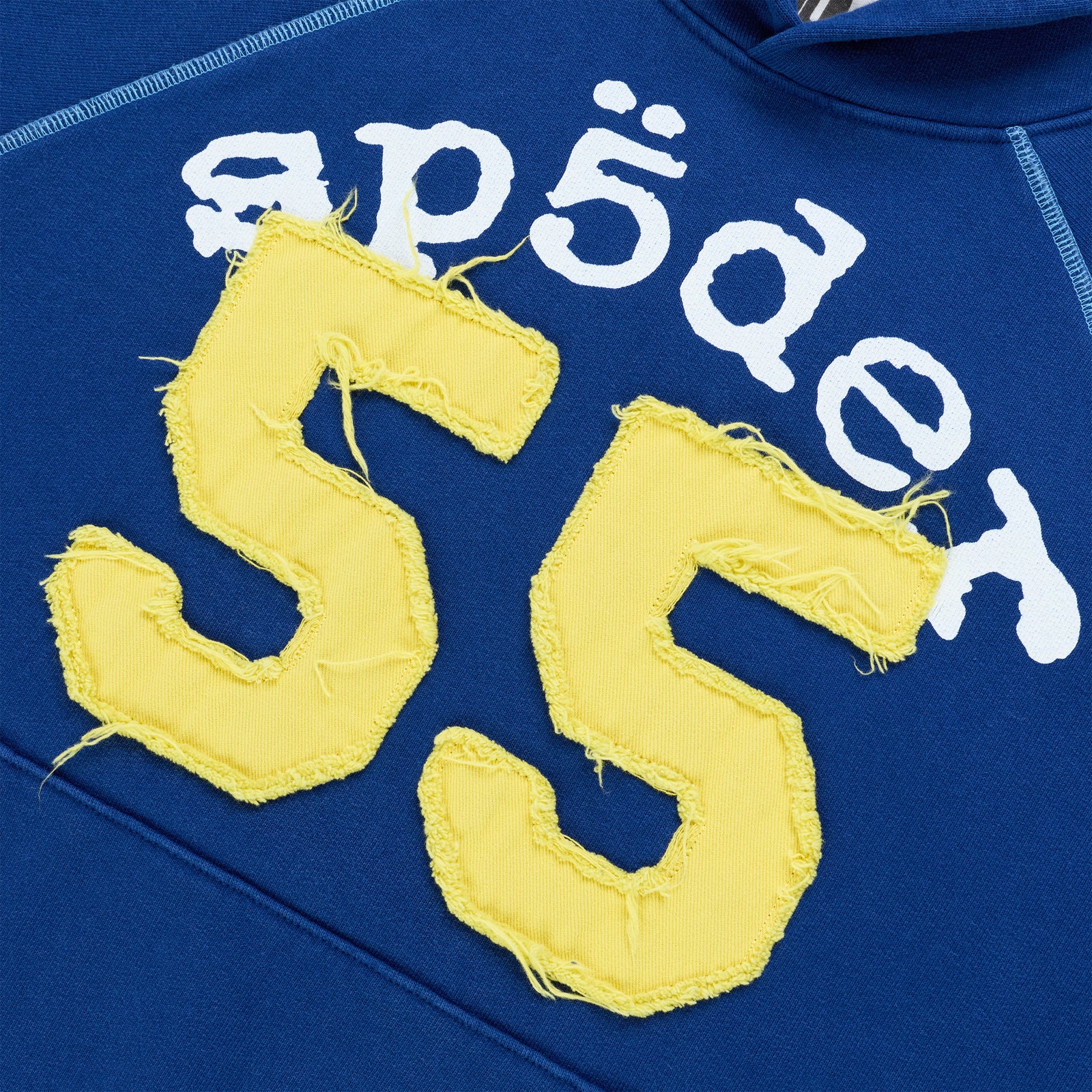 Blue cotton fleece hoodie featuring a yellow distressed 55 applique and white arched graphic print with contrast stitching.