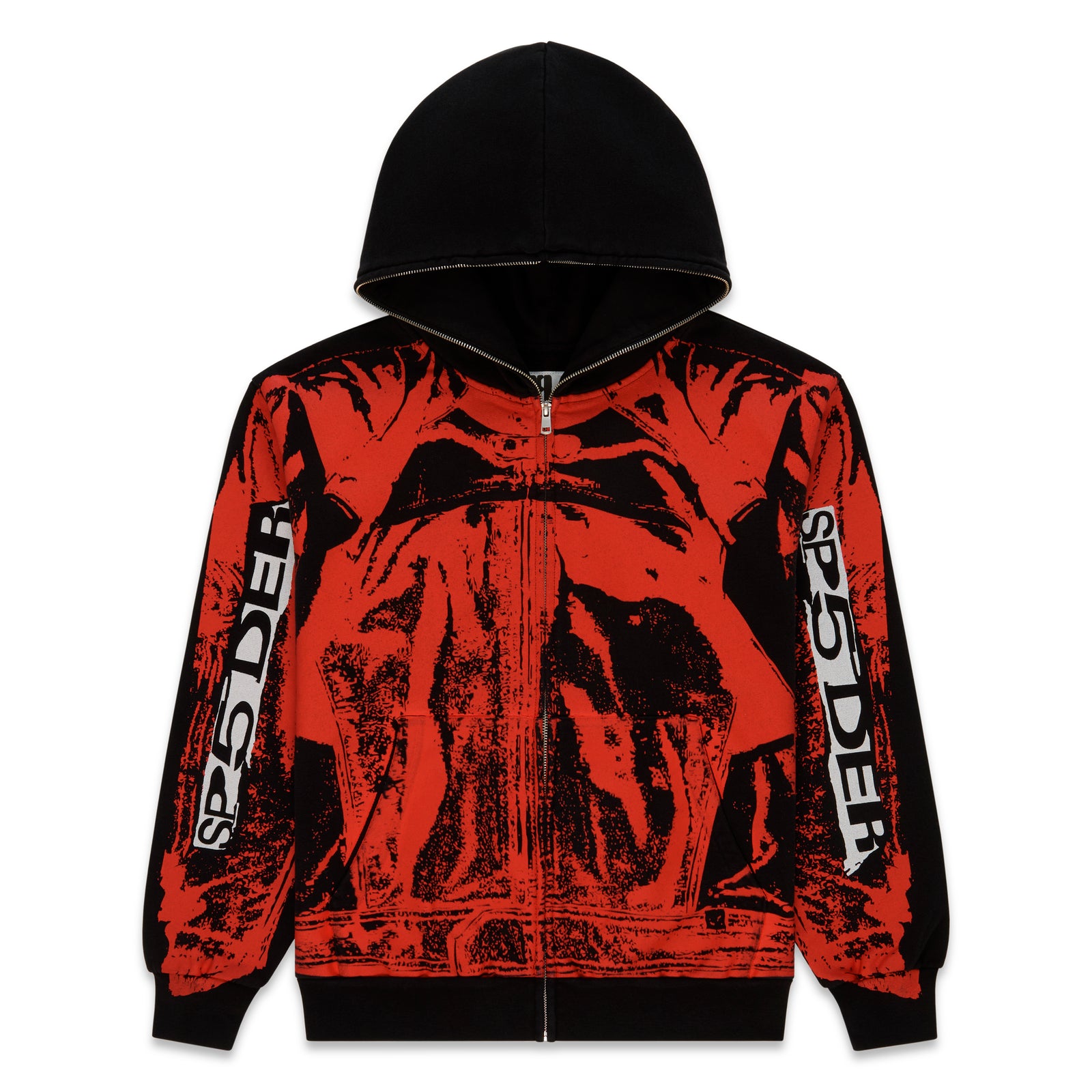 Black and red JP5 Moto Hoodie with painted moto design, full zipper, kangaroo pocket, ribbed cuffs and waistband.