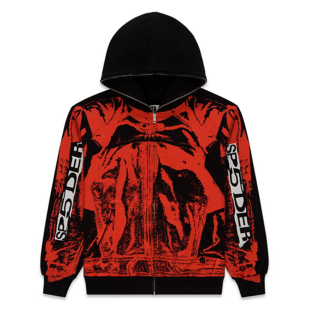 Black and red JP5 Moto Hoodie with painted moto design, full zipper, kangaroo pocket, ribbed cuffs and waistband.