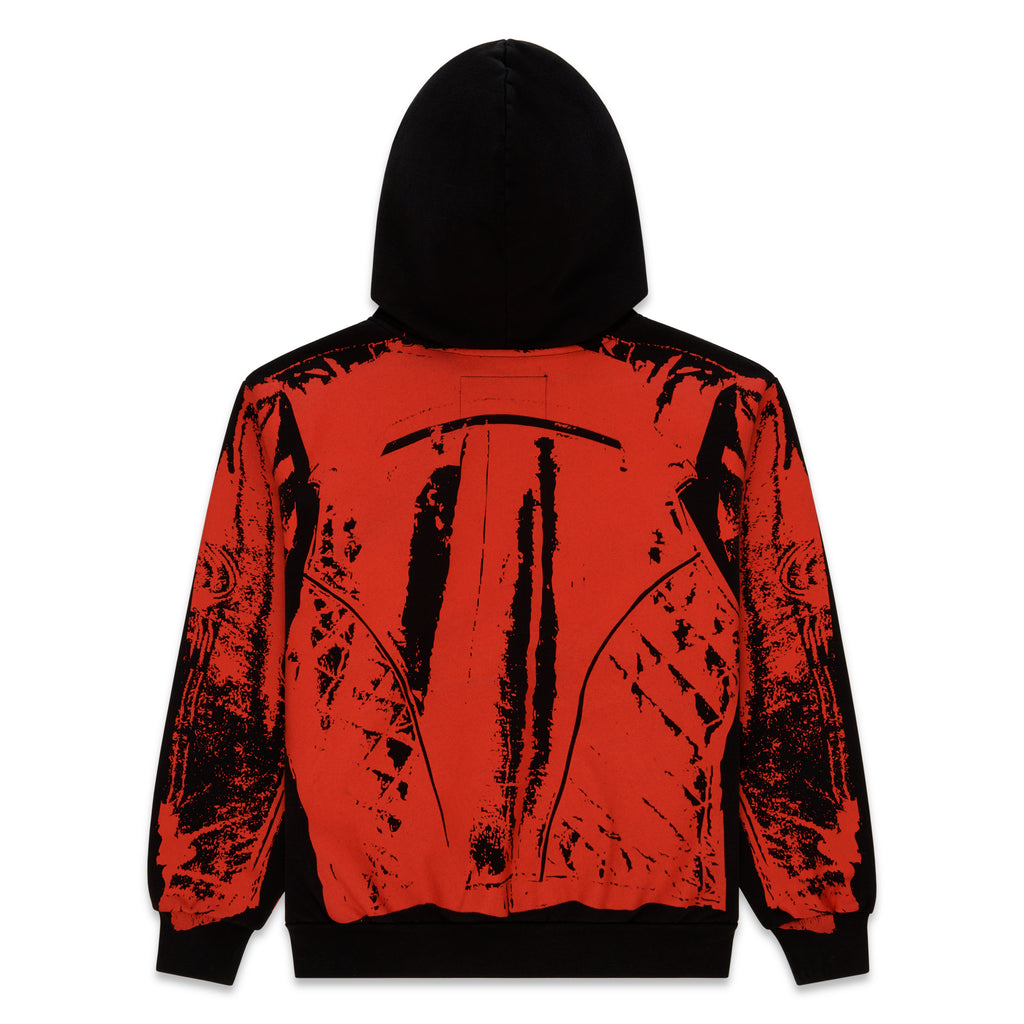 JP5 MOTO HOODIE: Black and red 13oz cotton fleece hoodie with painted moto design on back.