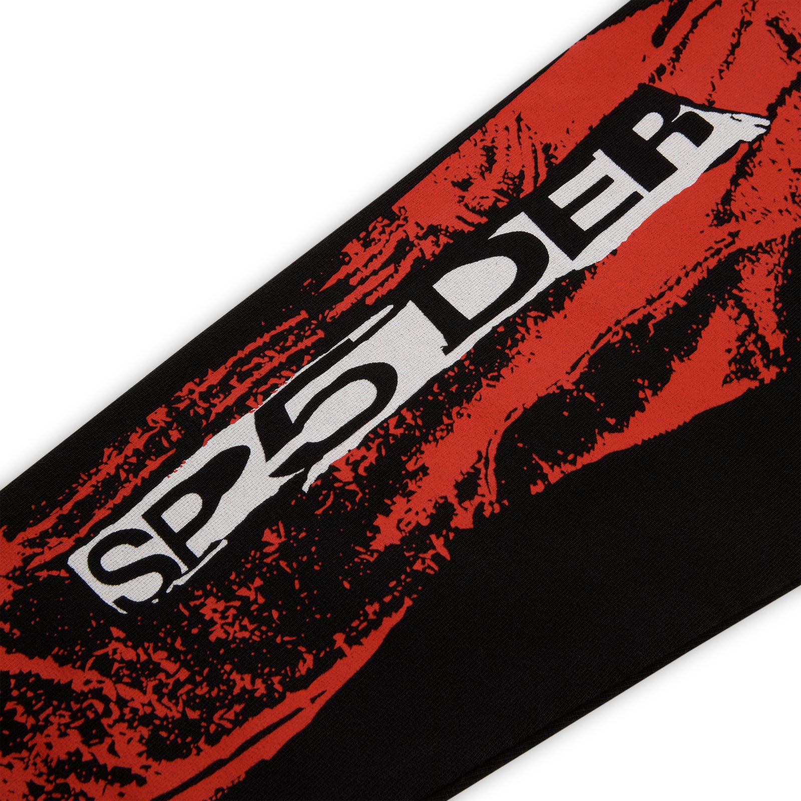 Black JP5 MOTO HOODIE sleeve with white "SP5DER" logo and red painted moto design.