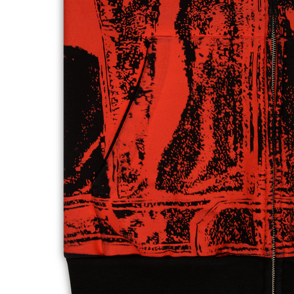 JP5 MOTO HOODIE: Red 13oz cotton fleece full-zip hoodie with black painted moto design, kangaroo pocket, ribbed cuffs & waistband.