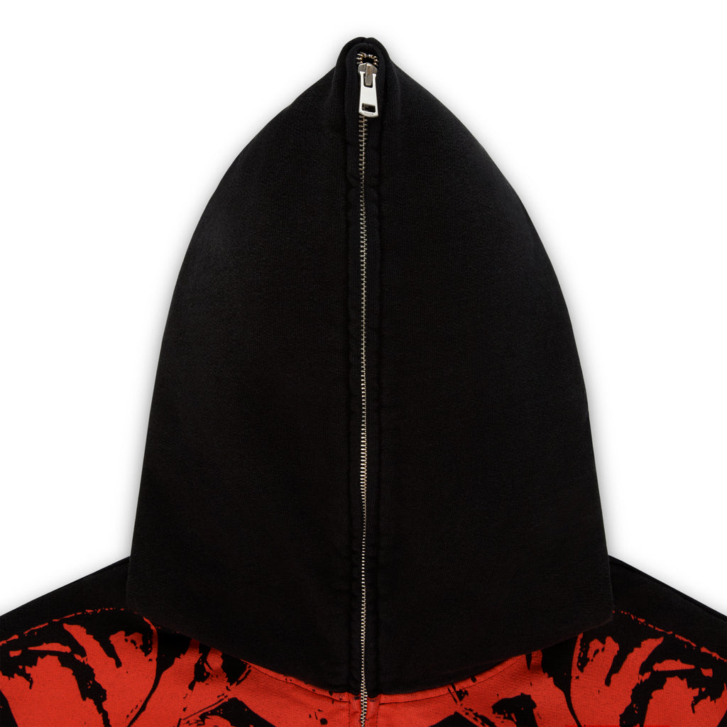 Black 13oz cotton fleece JP5 Moto Hoodie with red painted moto design and full zipper.