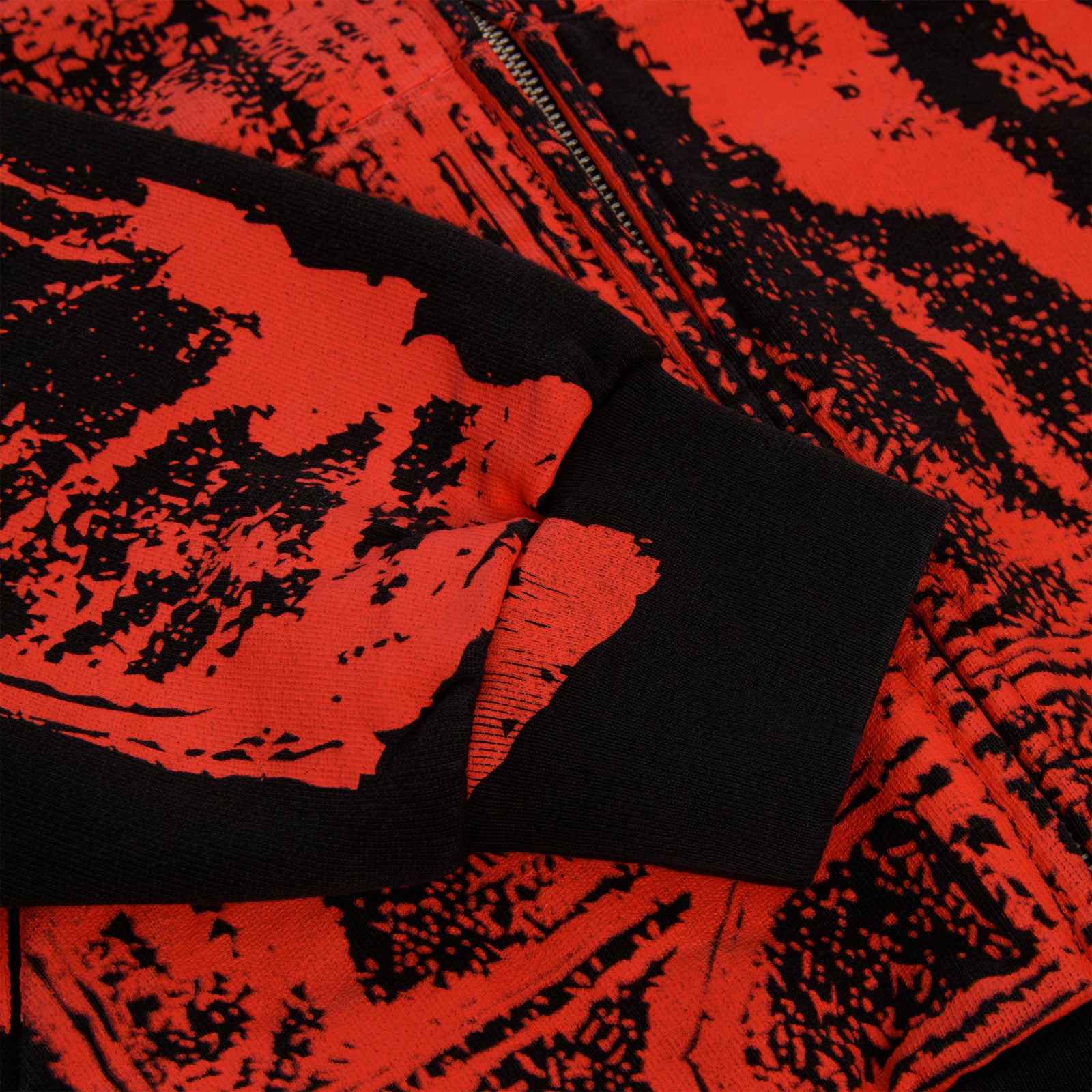 JP5 Moto Hoodie: Red and black painted moto design, 13oz cotton fleece, full zip, ribbed cuff.