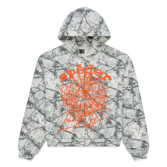 REALTREE OG WEB V2 ZIP HOODIE, white and grey camouflage with orange spider web and "SPIDER" puff print.