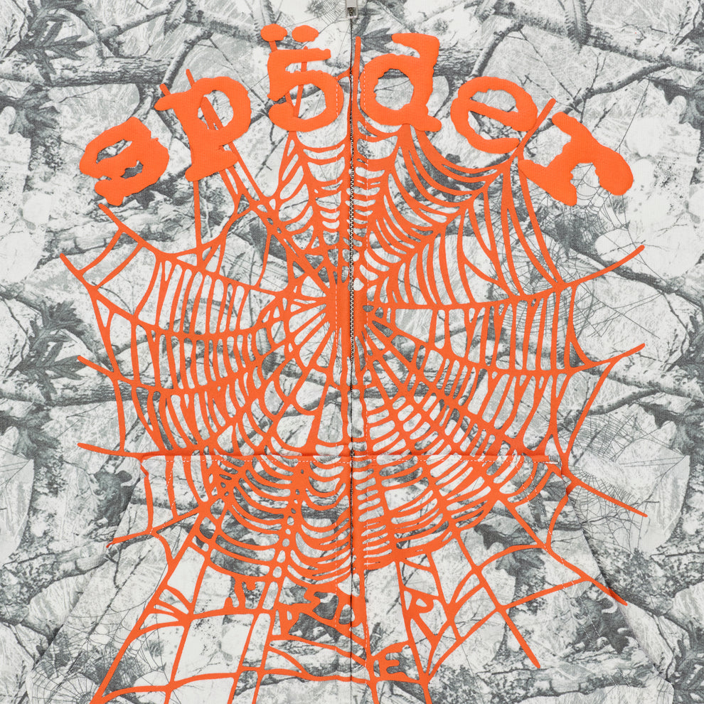 REALTREE OG WEB V2 ZIP HOODIE with orange puff print spiderweb and "Spider" text on camo fleece.