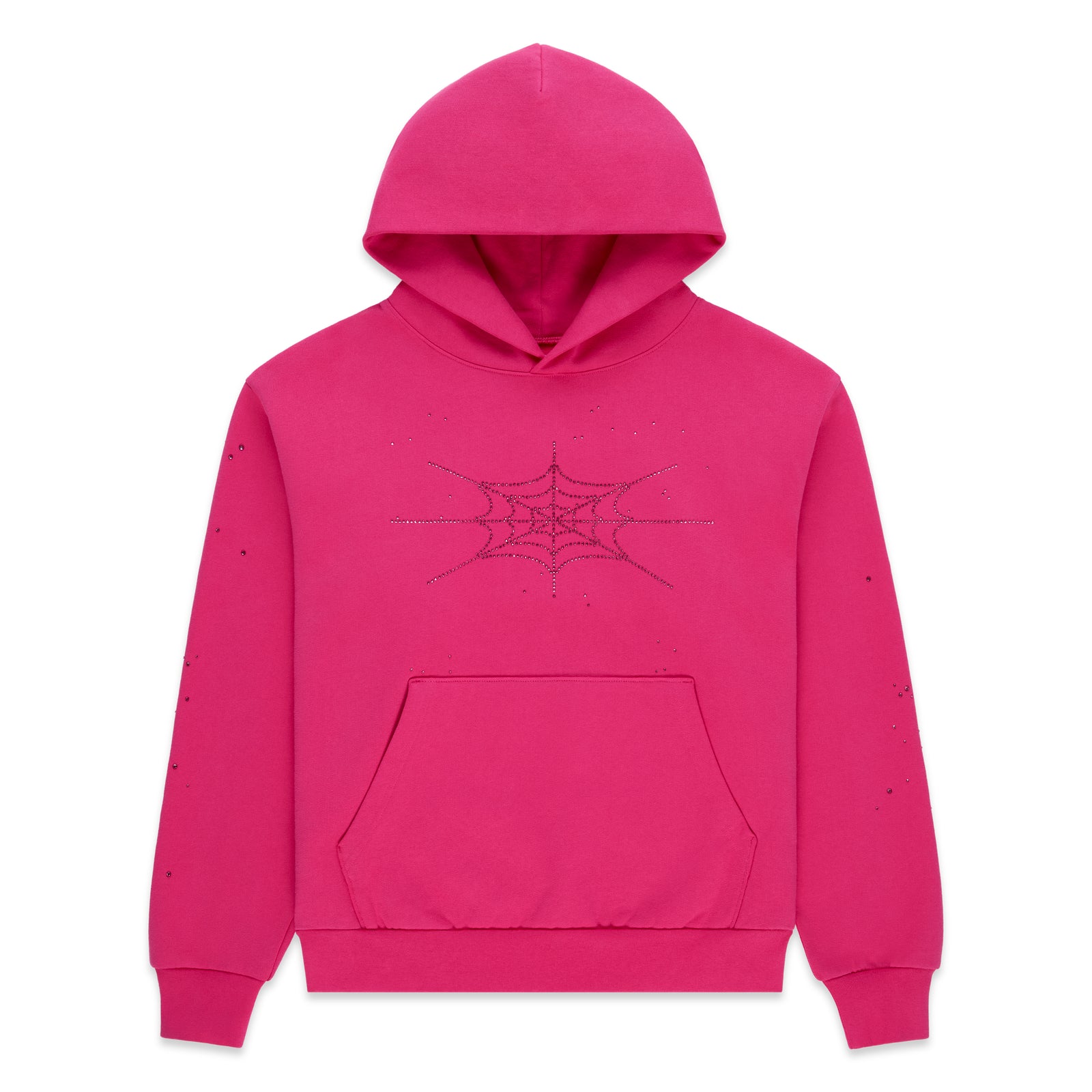 Pink cotton fleece hoodie with rhinestone spiderweb design and kangaroo pocket.