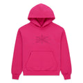 Pink cotton fleece hoodie with rhinestone spiderweb design and kangaroo pocket.