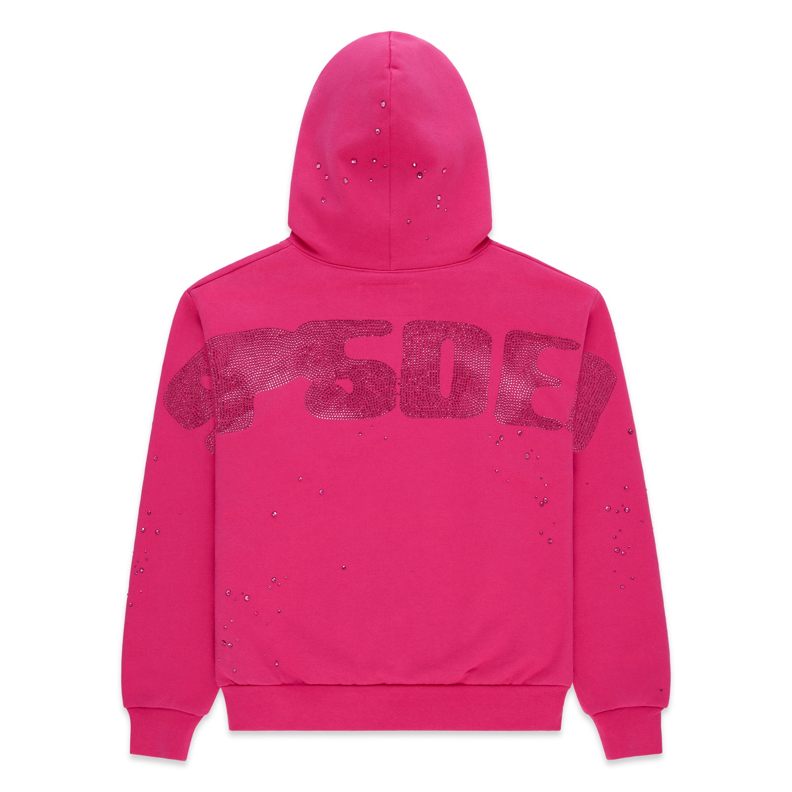 Pink cotton fleece hoodie with "5DE" rhinestone design on back, ribbed cuffs and hem.