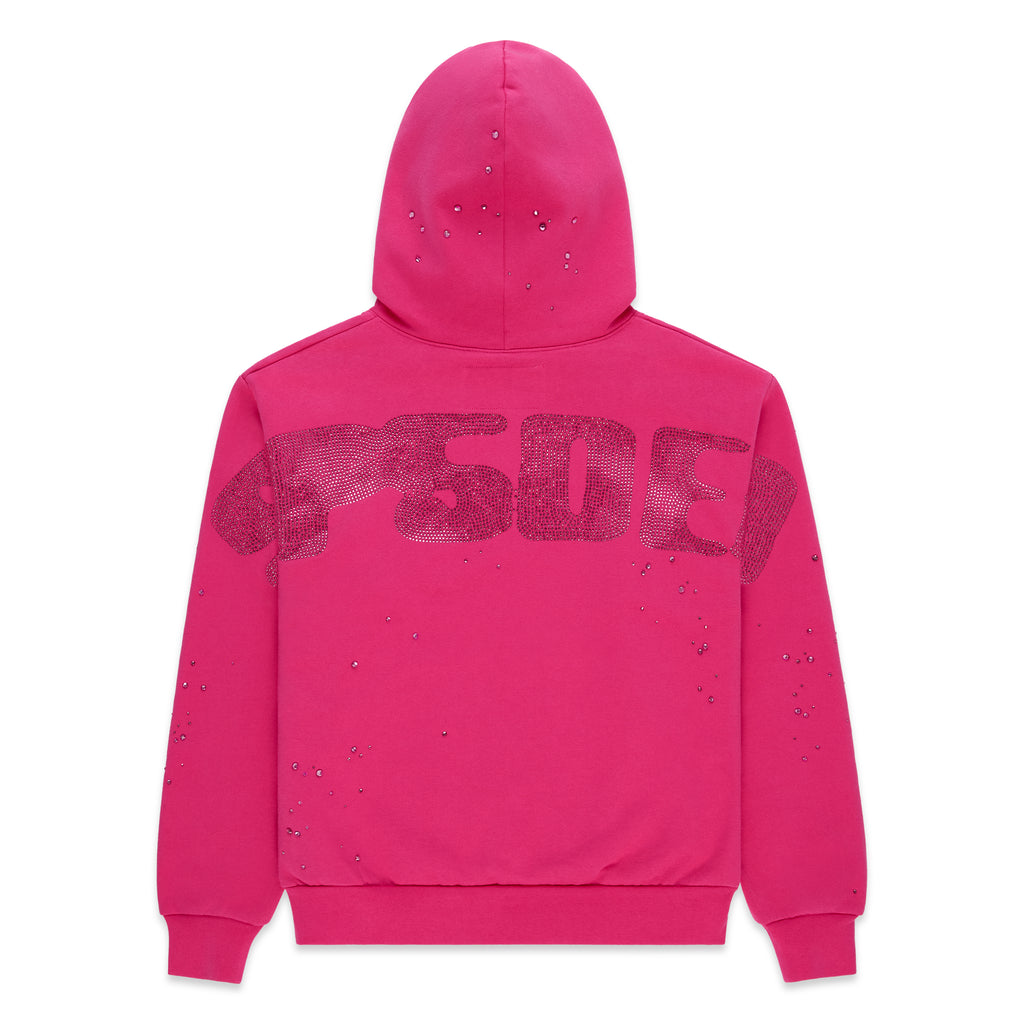 Pink cotton fleece hoodie with "5DE" rhinestone design on back, ribbed cuffs and hem.
