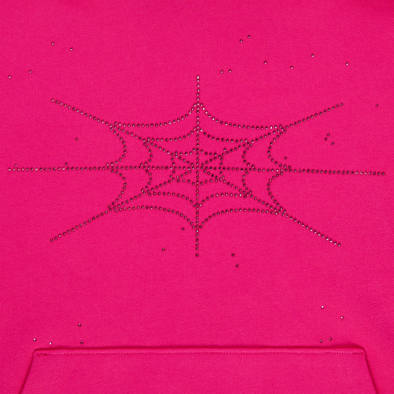 Pink cotton fleece hoodie with a sparkling rhinestone spiderweb design and kangaroo pocket.