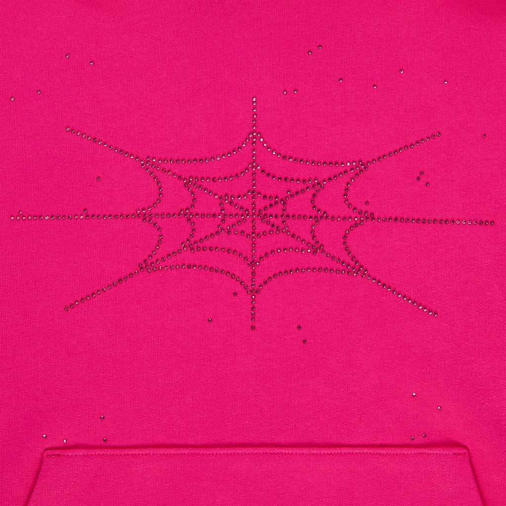 Pink cotton fleece hoodie with a sparkling rhinestone spiderweb design and kangaroo pocket.
