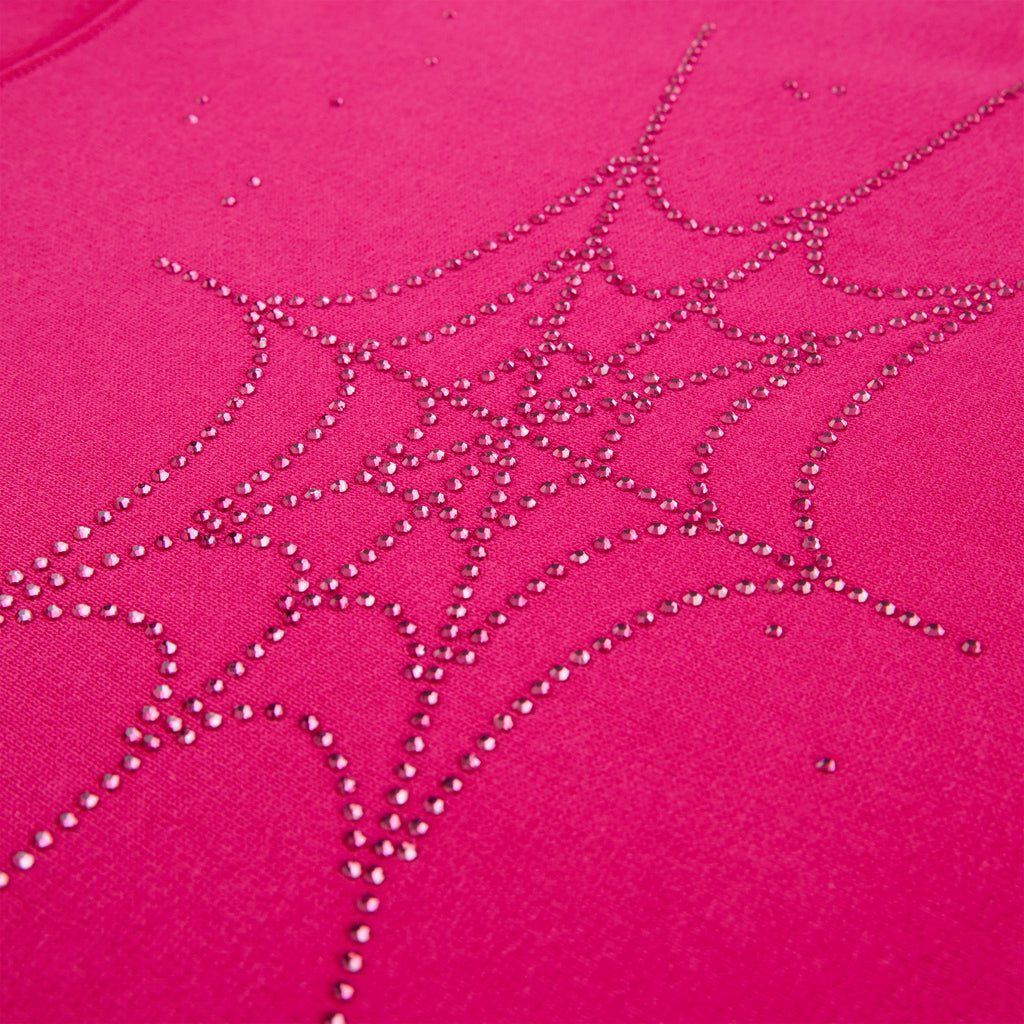 Pink 100% cotton fleece hoodie with a sparkling rhinestone spiderweb design.