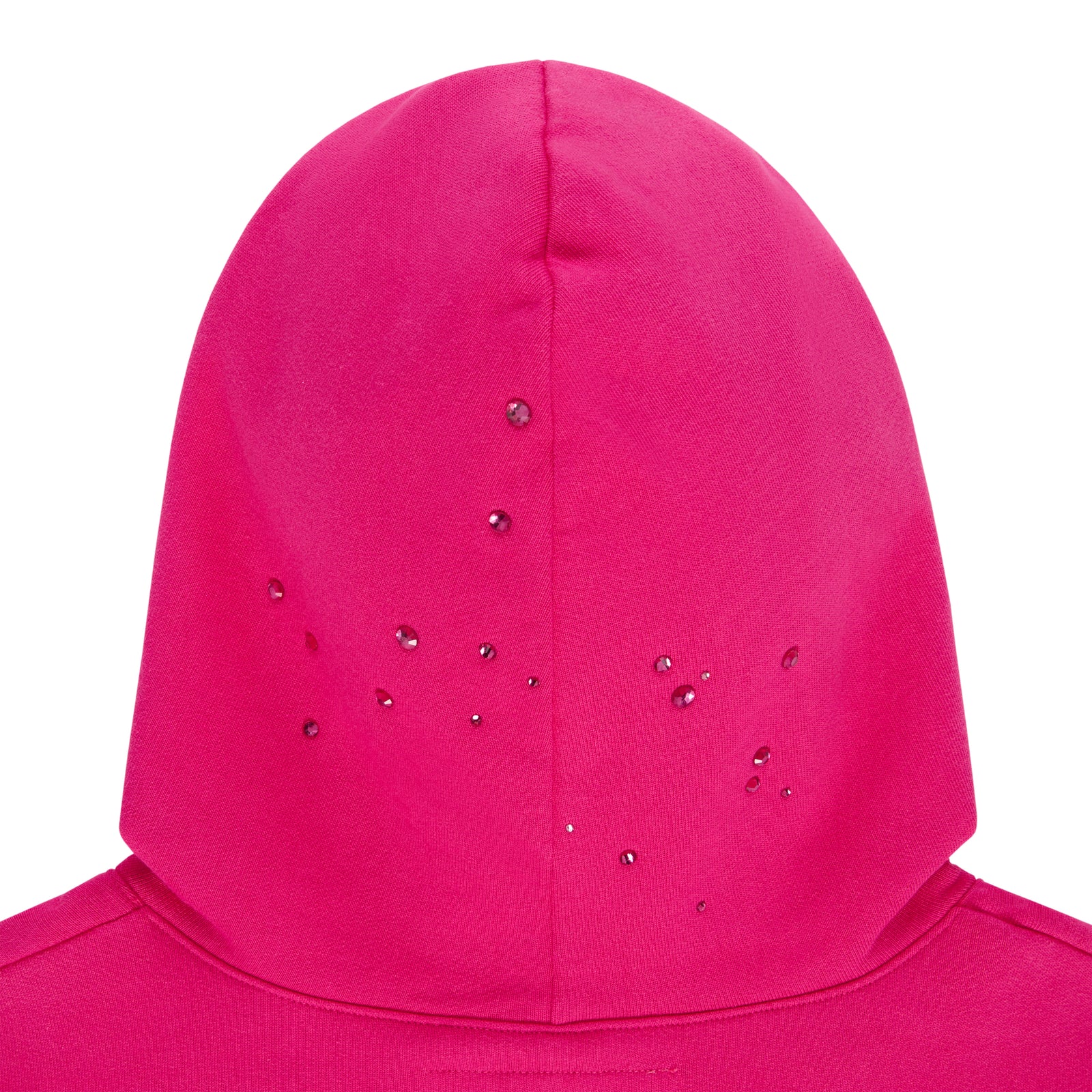 Pink cotton fleece hoodie with scattered rhinestone design on the back of the hood.