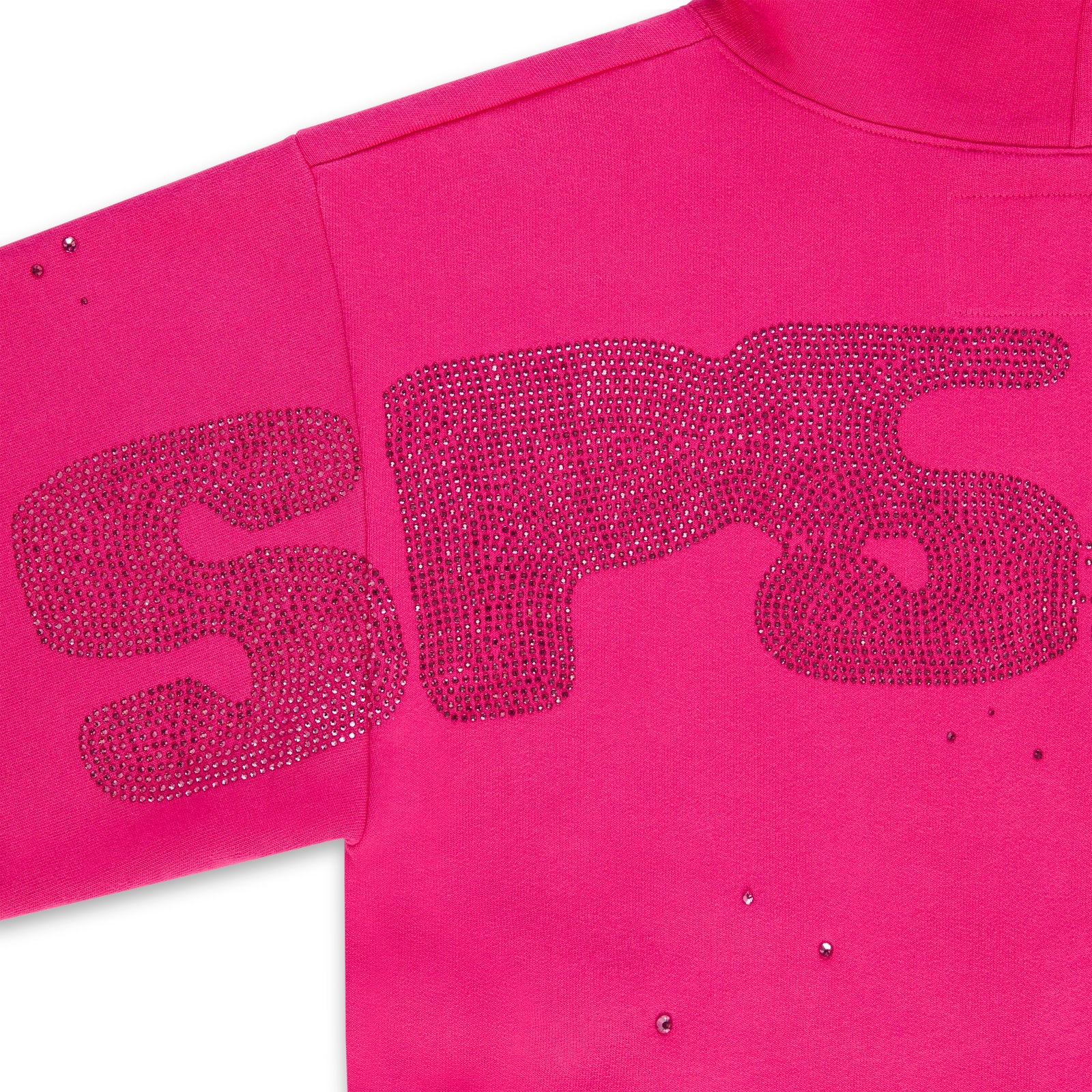 Fuchsia cotton fleece hoodie with "SRS" rhinestone design on the back and scattered rhinestones.