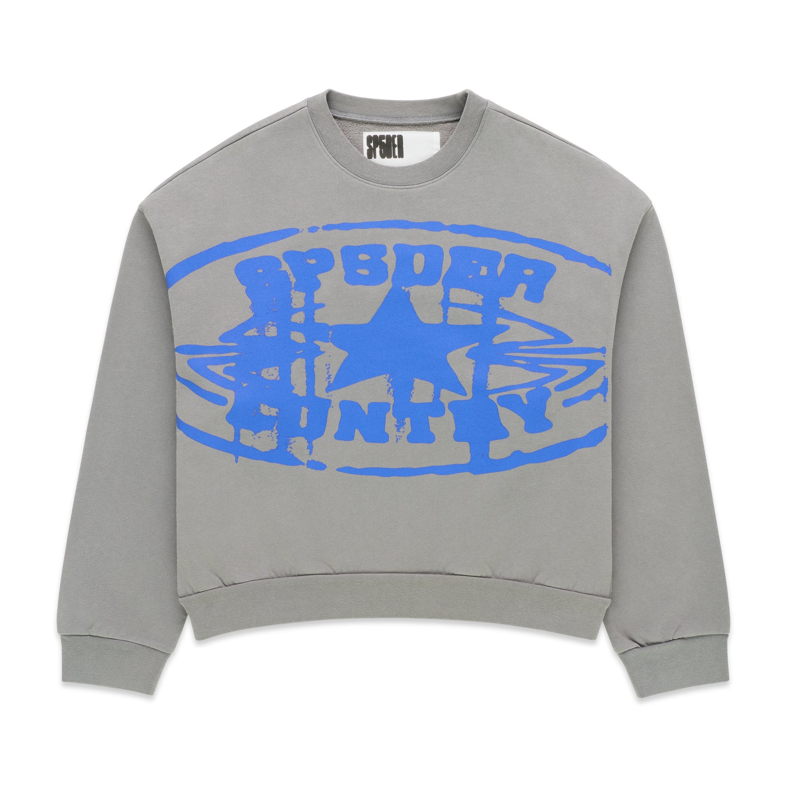 Gray SP5DER CUNTRY CREWNECK with a large blue graphic print and star design on brushed fleece.