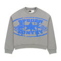 Gray SP5DER CUNTRY CREWNECK with a large blue graphic print and star design on brushed fleece.